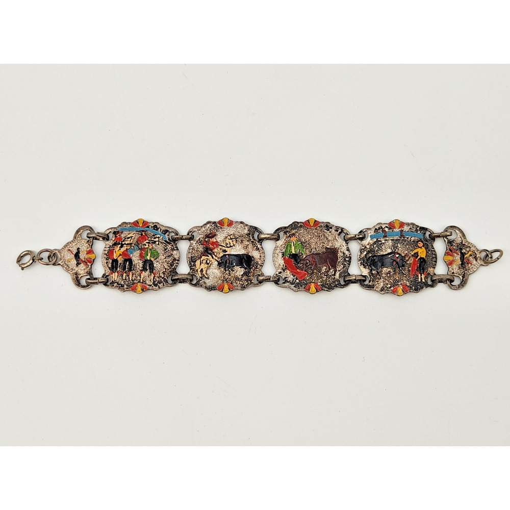 Vintage Bracelet Painted Enamel Matador Bullfight Scene 7.5''
